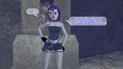 choker clothed dc_comics dialogue dogdog english_text female_only femsub fishnets gloves goth grey_skin purple_eyes purple_hair raven solo text rating:Questionable score:2 user:Bootyhunter69