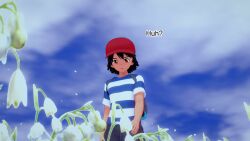 ash_ketchum aware backpack black_hair clothed dialogue male_only mustardsauce orange_eyes outdoors pokemon pokemon_(anime) solo text rating:Safe score:1 user:Bootyhunter69