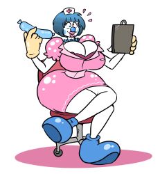  absurdres balloon blue_hair brain_drain breast_expansion breasts chair clipboard clown femsub gloves huge_breasts large_breasts lewdsona persona_(series) persona_5 pink_lipstick tae_takemi transformation  rating:questionable score: user:sexyhex