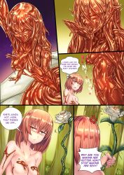 absurdres brown_hair comic dialogue female_only flower forest ibenz009 liliraune monster_girl nectar original speech_bubble text transformation yuri rating:Questionable score:22 user:sk00