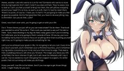  babylon_(manipper) blue_eyes blush bow_tie breasts bunny_ears bunny_girl bunnysuit caption caption_only cleavage cuffs edging_command english_text fake_animal_ears fake_tail female_only femdom grey_hair hypnotic_breasts kantai_collection large_breasts long_hair looking_at_viewer montemasa orgasm_denial pantyhose pov pov_sub simple_background solo text washington_(kantai_collection) white_background  rating:questionable score: user:babylon