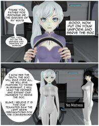 3d absurdres blake_belladonna blue_eyes cat_ears cat_girl collar comic femsub graybot hypnotic_accessory rwby tech_control tepmarmy text weiss_schnee rating:Questionable score:18 user:BlueMonday1984