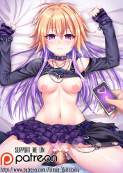  anmin_daiteitoku bed breasts breasts_outside censored collar empty_eyes femsub heterosexual idolmaster_cinderella_girls jewelry long_hair lying maledom multicolored_hair ninomiya_asuka open_clothes orange_hair panties phone pink_hair purple_eyes renreteya sex skirt tech_control the_idolm@ster underwear  rating:explicit score: user:mokoumoe