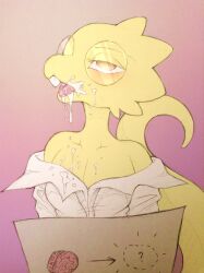 alphys_(undertale) brain brain_drain breasts cleavage cum cum_in_mouth dazed drool empty_eyes femsub furry glasses large_breasts napdust open_mouth tail traditional undertale rating:Explicit score:79 user:Napdust