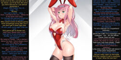 blackheartxiii blue_eyes bunny_ears bunnysuit caption darling_in_the_franxx fake_animal_ears female_only femsub jjmayoboy_(manipper) long_hair manip open_mouth pink_hair tagme text thighhighs zero_two rating:Questionable score:90 user:JJMayoBoy