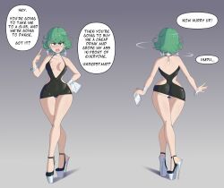 assertive_sub bare_legs bimbofication cleavage dialogue dress earrings female_only femsub green_hair high_heels large_hips legs one_punch_man sealguy short_skirt tatsumaki_(one_punch_man) text rating:Questionable score:185 user:a_anon264252