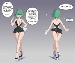 assertive_sub bare_legs bimbofication cleavage dialogue dress earrings female_only femsub green_hair high_heels large_hips legs one_punch_man sealguy short_skirt tatsumaki_(one_punch_man) text rating:Questionable score:200 user:a_anon264252