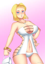 android_18 bimbofication blonde_hair blue_eyes blush breasts dragon_ball dragon_ball_z empty_eyes gradient_background hadant huge_breasts lipstick makeup midriff navel necklace short_hair signature simple_background watermark rating:Questionable score:129 user:TheGoodShank