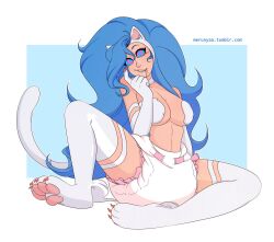 blue_hair breasts cat_girl diaper drool felicia_(darkstalkers) female_only femsub large_breasts long_hair merunyaa rating:questionable score: user:nayldis