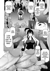 black_hair bottomless breasts comic dialogue empty_eyes greyscale inverted_nipples large_breasts maledom malesub monochrome nude ponytail sakamata_nerimono sex spanish tagme text topless rating:Explicit score:2 user:L12@