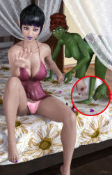 3d absurdres barefoot black_hair breasts cleavage dc_comics expressionless femsub green_skin hypnotic_accessory jayna jewelry lingerie miss_martian purple_eyes purple_lipstick red_hair short_hair super_hero tiangtam topless unaware underwear whitewash_eyes wonder_twins rating:Questionable score:55 user:daveyboysmith9