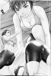 artist_request ass breasts cleavage female_only greyscale kneeling large_breasts short_hair rating:Explicit score:4 user:ccbb