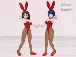 3d 3d_custom_girl blue_hair brown_hair bunny_ears green_eyes happy_trance henshin-san high_heels leotard multiple_girls multiple_subs pantyhose red_eyes short_hair simple_background text rating:Questionable score:3 user:RayX