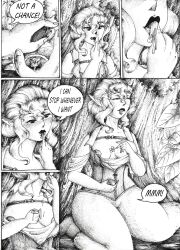 absurdres breasts comic elf elf_ears female_only greyscale honey justsketchingviolets monochrome original text topless traditional rating:Questionable score:11 user:JustSketchingViolets