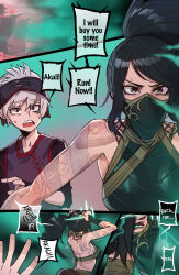 akali black_hair corruption dialogue english_text face_mask femsub glowing glowing_eyes green_eyes heart_eyes league_of_legends long_hair magic ponytail ratatatat74 resisting ruination short_hair speech_bubble spiral_eyes sweat tattoo text trembling white_hair rating:Questionable score:61 user:LessThanFact