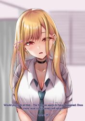 amagiri_miki blonde_hair blush breasts choker cleavage collarbone drool earrings empty_eyes expressionless femsub hard_translated large_breasts long_hair maledom marin_kitagawa my_dress-up_darling open_mouth red_eyes school_uniform text tie tongue translated rating:Safe score:23 user:roseateheart