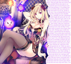 blonde_hair breasts caption caption_only cleavage dress elf_ears female_only femdom flame jonejung male_pov manip masturbation_command orgasm_command original pantyhose pov pov_sub purple_eyes text rating:Questionable score:65 user:Detour