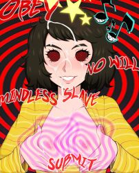  afrobull ayy_(manipper) blush breasts cum cum_on_body cum_on_face female_only femdom hypnotic_breasts large_breasts manip persona_(series) persona_5 pov pov_sub sadayo_kawakami smile spiral spiral_eyes symbol_in_eyes teacher text  rating:explicit score: user:ayy