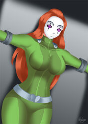bodysuit bondage breasts haryudanto hypnotic_accessory large_breasts long_hair mask orange_hair sam solo spiral_eyes symbol_in_eyes totally_spies rating:Questionable score:26 user:TheGoodShank