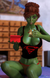 3d absurdres barefoot breasts cleavage dc_comics green_skin hypnotic_accessory jewelry large_breasts miss_martian red_eyes sitting super_hero tiangtam unaware underwear western rating:Questionable score:42 user:daveyboysmith9
