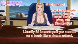 3d altered_common_sense aware blonde_hair brown_eyes clothed dialogue dogdog english_text femsub maledom naruto_(series) text tsunade rating:Explicit score:5 user:Bootyhunter69