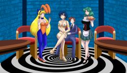 absurdres bare_legs bare_shoulders blonde_hair blue_hair breasts brown_hair bunny_girl choker cleavage david_smith_(daveyboysmith9) earrings femsub green_hair happy_trance harem_outfit high_heels jewelry katsiika large_breasts long_hair maledom original pink_eyes red_eyes sailor_mercury sailor_moon_(series) sailor_neptune sailor_venus short_hair smile spiral spiral_eyes symbol_in_eyes thighhighs tights tray waitress rating:Questionable score:49 user:daveyboysmith9