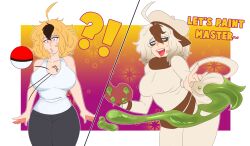 before_and_after blonde_hair breasts elly_(gamersolid97) hammalliel happy_trance huge_breasts nintendo original pokeball pokemon smeargle smile text transformation rating:Safe score:57 user:Argonis
