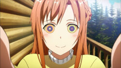 asuna female_only femdom femsub happy_trance hypnoner_(manipper) kaa_eyes looking_at_viewer manip orange_hair pov pov_sub sweater sword_art_online very_long_hair rating:questionable score: user:godofwar99