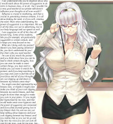 blackboard breasts caption caption_only cleavage female_only femdom glasses hairband large_breasts looking_at_viewer male_pov manip noririn orgasm_command pink_eyes pov pov_sub shirt silver_hair skirt takane_shijou teacher text the_idolm@ster rating:Questionable score:79 user:Detour