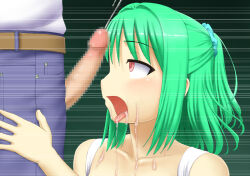 age_regression bottomless bubble_dream empty_eyes fellatio femsub green_hair maid maledom nude original penis text topless translated rating:Explicit score:5 user:IDPet