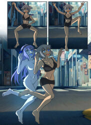 barefoot blue_hair blue_skin bra breasts cleavage comic dancing female_only femdom femsub ghost heterochromia kimujo_world large_breasts long_hair original possession short_hair underwear undressing rating:Questionable score:21 user:TheGoodShank