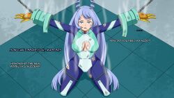 absurdres blue_hair bodysuit breasts chains closed_eyes collar dialogue doggos_doujins electricity expressionless female_only femsub kneeling large_breasts looking_at_viewer my_hero_academia nejire_hado raiha restrained super_hero tech_control text torn_clothes very_long_hair wounds rating:Questionable score:57 user:JustChilling