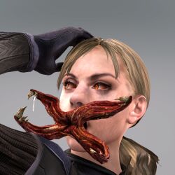 3d blonde_hair bobyshal bodysuit capcom femsub grey_background hand_on_head jill_valentine multicolored_eyes nightmare_fuel open_mouth parasite ponytail red_eyes resident_evil resident_evil_5 shrunken_irises simple_background weapon rating:Safe score:4 user:VortexMaster