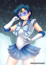 blue_hair breasts choker earrings female_only gloves hadant jewelry large_breasts opera_gloves sailor_mercury sailor_moon_(series) short_hair signature simple_background skirt solo visor watermark rating:Questionable score:31 user:TheGoodShank