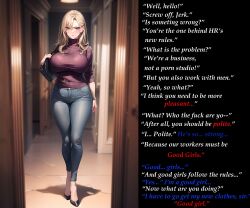 absurdres ai_art angry blonde_hair blue_eyes caption caption_only dialogue female_only femsub gregory_michelson_(generator) high_heels jeans long_hair looking_at_viewer male_pov manip original pov sexism solo standing sweater tagme text wrist_watch rating:Questionable score:88 user:Greg2470