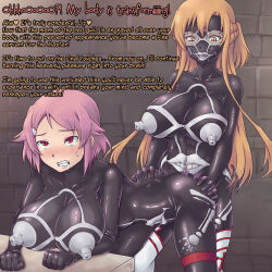 asuna blonde_hair bodysuit breasts corruption enemy_conversion femsub futadom futanari large_breasts latex laughing_coffin lisbeth long_hair mahou-ya open_mouth penis pink_hair short_hair sword_art_online text thighhighs rating:explicit score: user:itzugushi