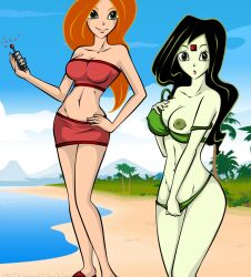 antenna beach bikini black_hair breasts disney female_only femdom femsub hypnotic_accessory kim_possible kim_possible_(series) large_breasts microchip red_hair remote_control shadako26 shego tech_control undressing yuri rating:explicit score: user:hypno