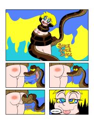 absurdres black_hair blonde_hair bottomless breasts coils comic dazed disney erika_(er-ikaa) femsub happy_trance hypnotic_eyes kaa kaa_eyes large_breasts multicolored_hair nude original penken snake text the_jungle_book tongue tongue_out topless rating:Explicit score:91 user:PenKen