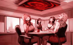 ai_art chair cleavage control english_text female_only femsub hypnosisisgreat_(manipper) large_breasts laughing monochrome multiple_girls multiple_subs office_lady red_background smile spiral stable_diffusion_(ai) text rating:Explicit score:84 user:HypnosisIsGreat