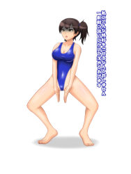 brown_hair erect_nipples female_only femsub haigure leotard ponytail see-through simple_background solo spread_legs text rating:Questionable score:4 user:Sleepyhead97