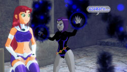 aware clothed dc_comics dialogue dogdog english_text female_only floating goth green_eyes grey_skin magic multiple_girls purple_eyes purple_hair raven red_hair starfire text rating:Safe score:1 user:Bootyhunter69