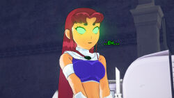 body_control clothed confused dc_comics dialogue dogdog english_text femsub floating glowing_eyes green_eyes red_hair starfire text rating:Questionable score:2 user:Bootyhunter69