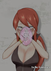 blush breasts brown_eyes cleavage dialogue female_only femsub glasses hard_translated large_breasts lorelei na_shacho nintendo pokemon pokemon_firered_and_leafgreen red_hair sweat text translated rating:Questionable score:23 user:Zyfire