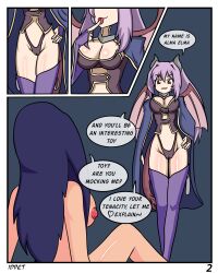 alma_elma blue_hair bottomless breasts comic demon_girl dialogue evil_smile horns idpet long_hair monster_girl monster_girl_quest nude original purple_hair smile succubus tail text topless xiana_(niceguy) rating:Questionable score:19 user:IDPet