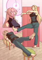 absurdres barefoot blonde_hair bubble catalepsy closed_eyes clothed comic efalabrino feet female_only femsub happy_trance heavy_eyelids jujutsu_kaisen long_hair open_mouth pants pendulum sleeping sleepy smile stage_hypnosis tank_top very_long_hair yuki_tsukumo zombie_walk rating:Safe score:141 user:thebeez41