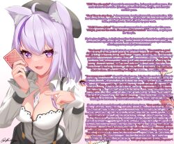  absurdres ahoge animal_ears beret blush breasts caption card cat_ears chntiixx_(manipper) cleavage femdom hololive hypnotic_breasts hypnotic_voice kaju_paint looking_at_viewer manip nekomata_okayu open_mouth pov pov_sub purple_eyes purple_hair text unaware  rating:explicit score: user:chntiixx