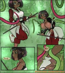 breasts brown_hair comic dark_skin femsub lilithn open_clothes original plant short_hair tentacles text torn_clothes vines rating:Explicit score:52 user:Mesmer