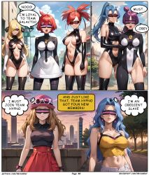 ai_art blonde_hair blue_hair brown_hair clair cynthia devianbar dialogue femsub flannery happy_trance hypnotized_hypnotist jupiter_(pokemon) karen_(pokemon) large_breasts latex mars_(pokemon) nintendo pokemon purple_hair red_hair serena team_galactic team_hypno tech_control text visor rating:Questionable score:4 user:Proyecto38