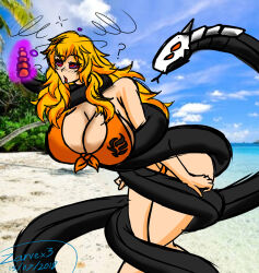 bikini blonde_hair breast_expansion breasts coils confused dazed drool femsub grimm_(rwby) huge_breasts hypnotic_tail large_breasts long_hair open_mouth rattlesnake red_eyes ring_eyes rwby snake story yang_xiao_long zarvex3 rating:Questionable score:72 user:DaHypnoman