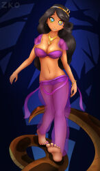 absurdres barefoot beli_lapran black_hair bra bracelet breasts cleavage dancer dark_skin disney feet femsub happy_trance harem_outfit hunie_pop hypnotized_walking indian jewelry kaa kaa_eyes large_breasts long_hair midriff necklace smile snake the_jungle_book underwear zko rating:Safe score:203 user:Zko